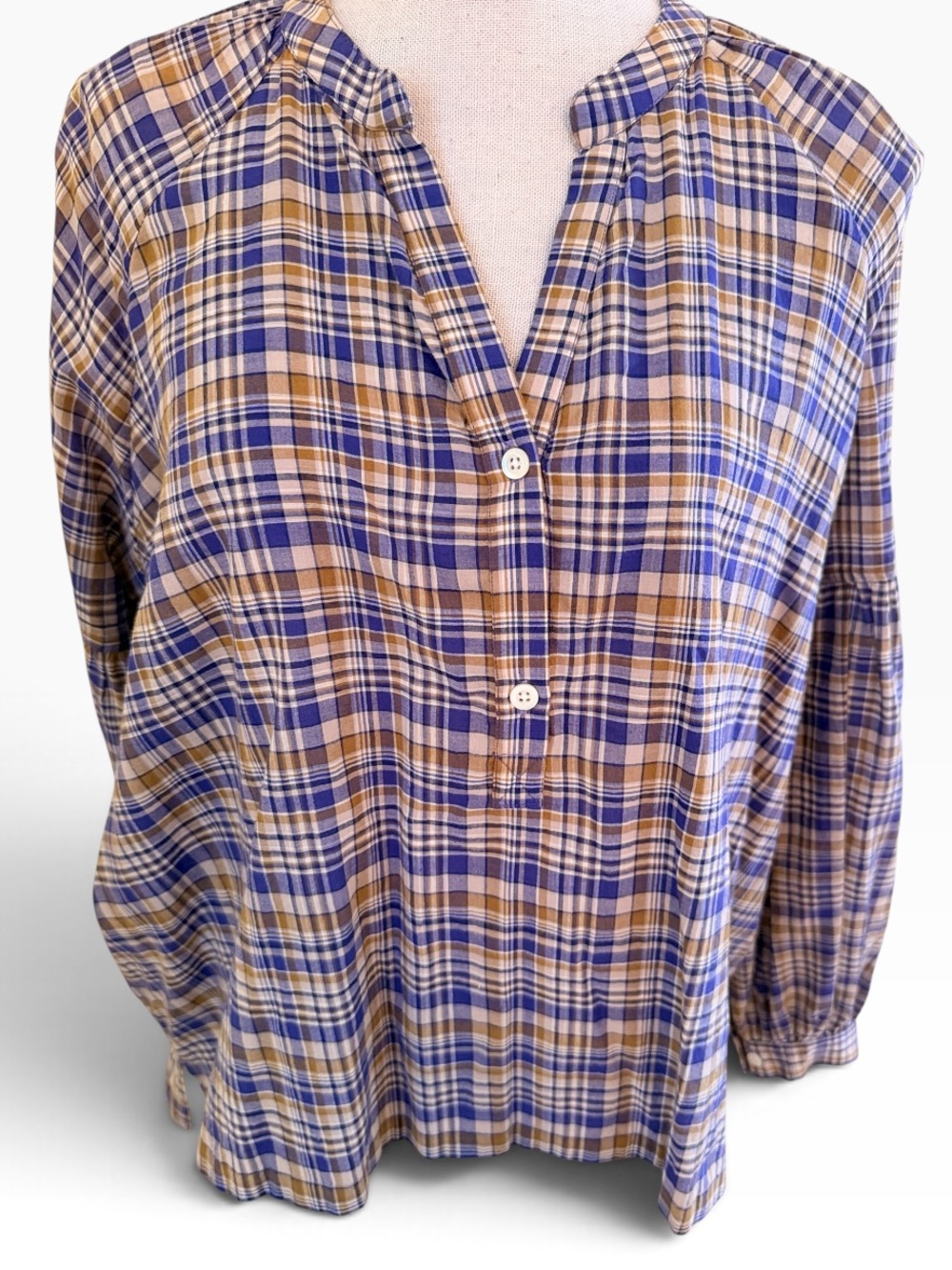 Moismont T2 Lilac/Brown/Cream Handloom Plaid Button-Front Bishop Sleeve Top